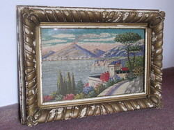 Antique tapestry, Italy, Bay of Naples with Vesuvius