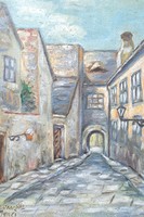 Buda castle district, balta köz - signed oil painting - street view of Budapest
