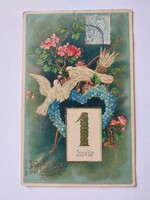 Old New Year embossed postcard with heart doves