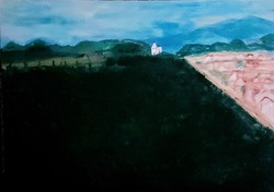 "A fehér templom", olaj - akril-vegyes technika, vászon, 50x70 cm, szignózott