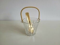 Old retro glass ice bucket ice cube holder gold color with tweezer handle mid century