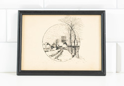 Winter landscape with a small village - framed etching, under glass