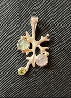 Silver pendant with a special shape, rose quartz, prenhit, peridot gemstones
