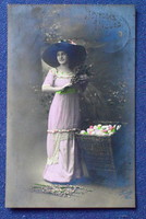 Antik Húsvéti üdvözlő fotó képeslap  hölgy barkaág  tojás