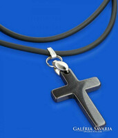 Unisex necklace with hematite mineral cross pendant, on a white and black chain. The pendant is very nice and shiny.