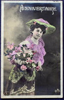 Antique photo postcard lady with flowers