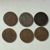 6 darab 2 Fillér Magyar Királyság, 1926, 1931, 1936, 1938, 1942, 1940. (533)
