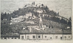 View of the city of Fiesole - old Italian etching - Mediterranean city