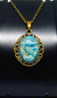 Crazy lace lace agate mineral stone, oval bronze pendant n74796
