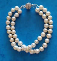 Genuine double row cultured pearl bracelet with rhinestone, magnetic ball clasp and embellishments