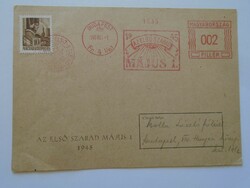 S5.33   Levelezőlap- Az Első Szabad Május 1  1945 -EMA Freistempel red meter  -Bolla László főtiszt