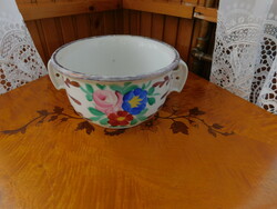 Antique coma bowl with two solid handles, large flower pattern, flawless