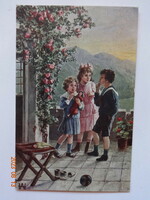 Régi, antik üdvözlő képeslap, gyerekek, "Fontos beszélgetés"