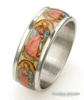 Silver-colored medical steel ring decorated with the image of the Virgin Mary in a circle.