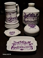 Retro lowland porcelain vase with purple Hódmezővásárhely decor ashtray jar bonbonier