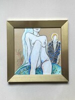 Imre A. Varga (1953-) nude female nude and the replaceable male painting in a wide wooden frame under glass