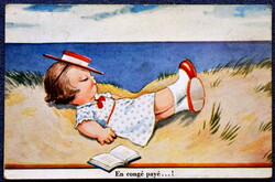 Art deco graphic artist postcard little girl resting on the beach humorous