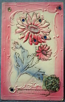 Antique embossed sequin glitter greeting card with stylized flower