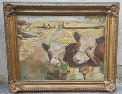 Signed oil on canvas painting in an old frame, cows