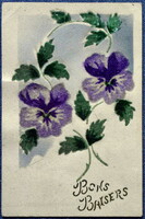 Antique decoupage greeting card with velvet flower pansy 1923