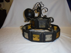 Art deco wrought iron chandelier, ceiling lamp with colored glass plates