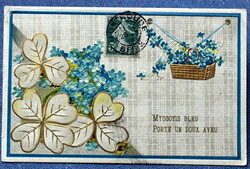 Antique embossed litho greeting card forget-me-not golden clover