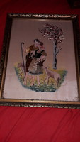 Antik GYÖNYÖRŰ festett hímzett selyemkép SZERELMES JELENET 38 x 30 cm a képek szerint