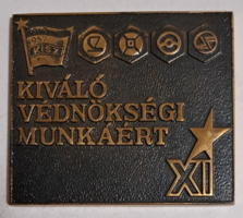 "KISZ-Kiváló védnökségi munkáért" Bronz emlék érem,  plakett (100 x 85 mm) (N-3)
