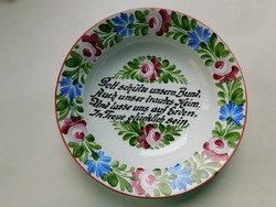 Antik wilhelmsburgi kézzel festett tányér német nyelvű házi áldással