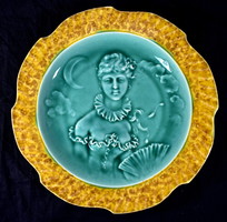 Miss with a fan ... Antique French majolica decorative plate from the 19th century. From the second half of S!