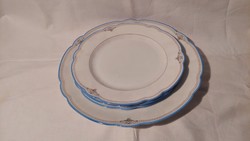 Marked antique porcelain bowl and plates with blue decor