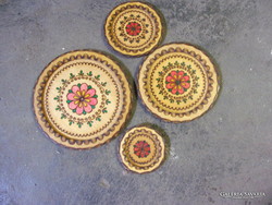 Painted and burnt ornament wooden plates 4 pcs