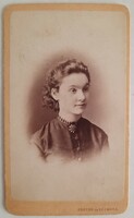 Antique business card (cdv) photo, female portrait doctor and kosmata studio in Pest, 1860s