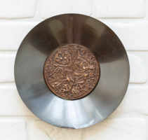 Retro réz / bronz falitál királypárral - iparművész falitányér, fémműves, ötvösművész dekor