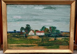 János Szűcs oil-on-wood painting with the title farm, gallery