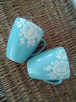 Ceramic cups - in sea blue, with flowers / 2 pcs.