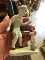 Régi Aquincum Budapest porcelán figura kisfiú nyuszival,13 cm-es