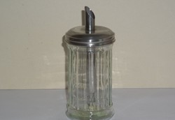 Old large glass sugar container with metal lid and dispenser