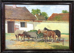 Gyula Gutaházy German: horse's tooth in the yard, 34.5 x 45.5 cm + frame, oil-wood