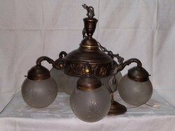 5-arm, 6-bulb bronze chandelier with original polished shades