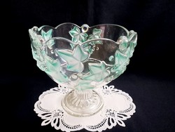 Beautiful large walther glass base glass serving bowl with green leaf pattern + gift!