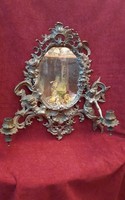 Antique, putt, marked, decorative, cast iron-copper wall mirror, candle holder