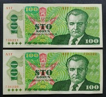 Csehszlovákia 100 Korona, Korun 1989, EF+-aUNC sorszámkövető pár