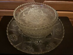 Old glass cake set with 5 small plates