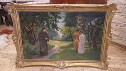 Jelzett régi olaj - vászont festmény Úri pár blondel képkeret