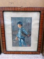 115 Year marked watercolor painting, portrait painting, man with basket