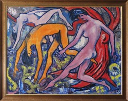 Bartos Endre: MEZÍTELEN TÁNC, 1973, 70×90 cm, kerettel, fa, olaj, szignózott