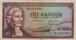 10 Krónur 29 March 1961. Iceland 6-digit serial number