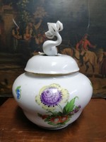 Herendi porcelán hatalmas virágmintás bonbonier halas tetővel, jelzett