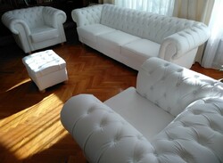Chesterfield white new cowhide sofa set for 3 + 2 armchairs + footstool extra long sofa
